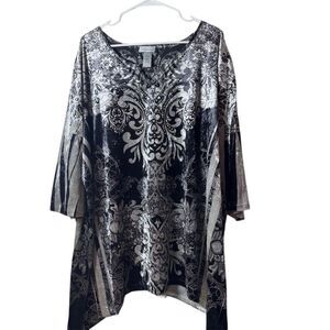 Catherines Black Silver Crushed‎ Velvet Rhinestone Damask Tunic Top 3X 26/28W